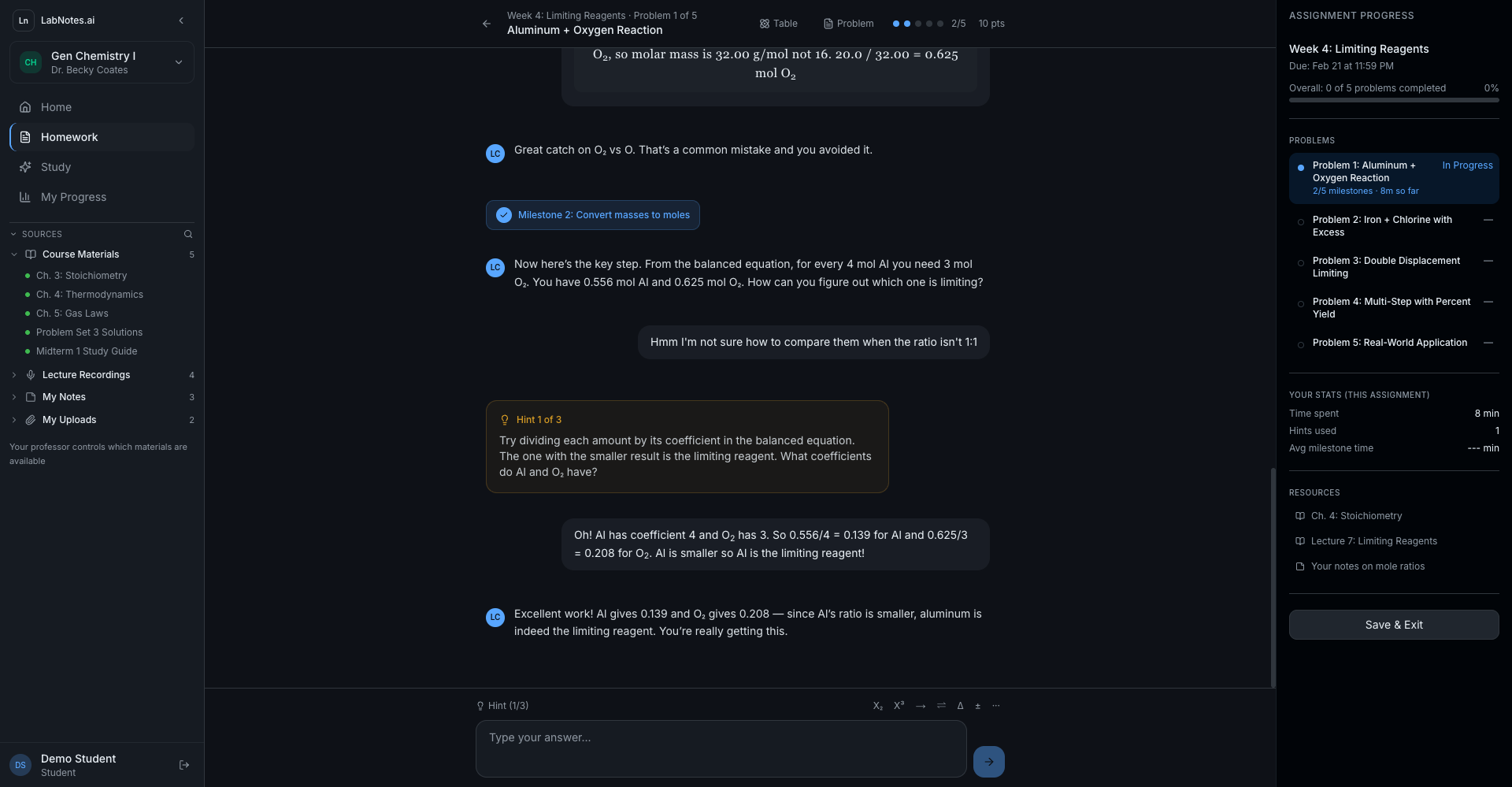 Watch This: Our AI Tutor Guides a Student Through Limiting Reagents — Without Ever Giving the Answer